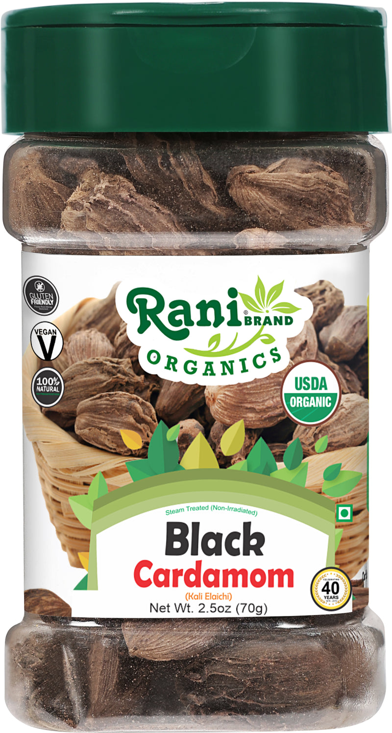 Rani Organic Black Cardamom Pods (Kali Elachi) Whole Indian Spice 2.5oz (70g) PET Jar ~ All Natural | Vegan | Gluten Friendly | NON-GMO | Indian Origin | USDA Certified Organic