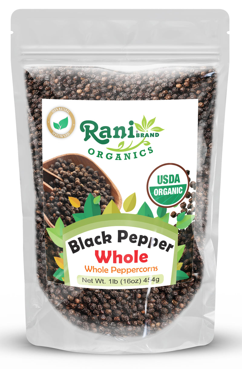 Rani Organic Black Pepper Whole (Peppercorns), Premium Bold Tellicherry Quality 16oz (1lb) 454g ~ All Natural | Gluten Friendly | Non-GMO | USDA Certified Organic | Kosher | Product of Vietnam