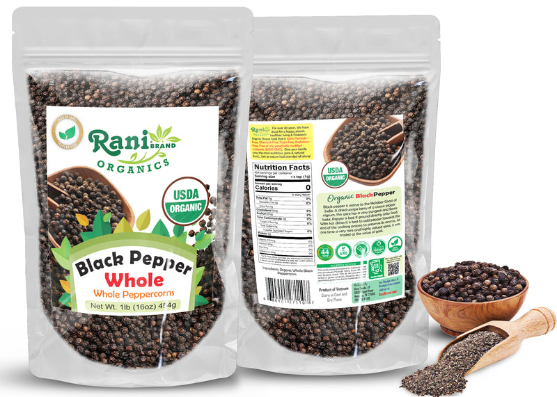 Rani Organic Black Pepper Whole (Peppercorns), Premium Bold Tellicherry Quality 16oz (1lb) 454g ~ All Natural | Gluten Friendly | Non-GMO | USDA Certified Organic | Kosher | Product of Vietnam