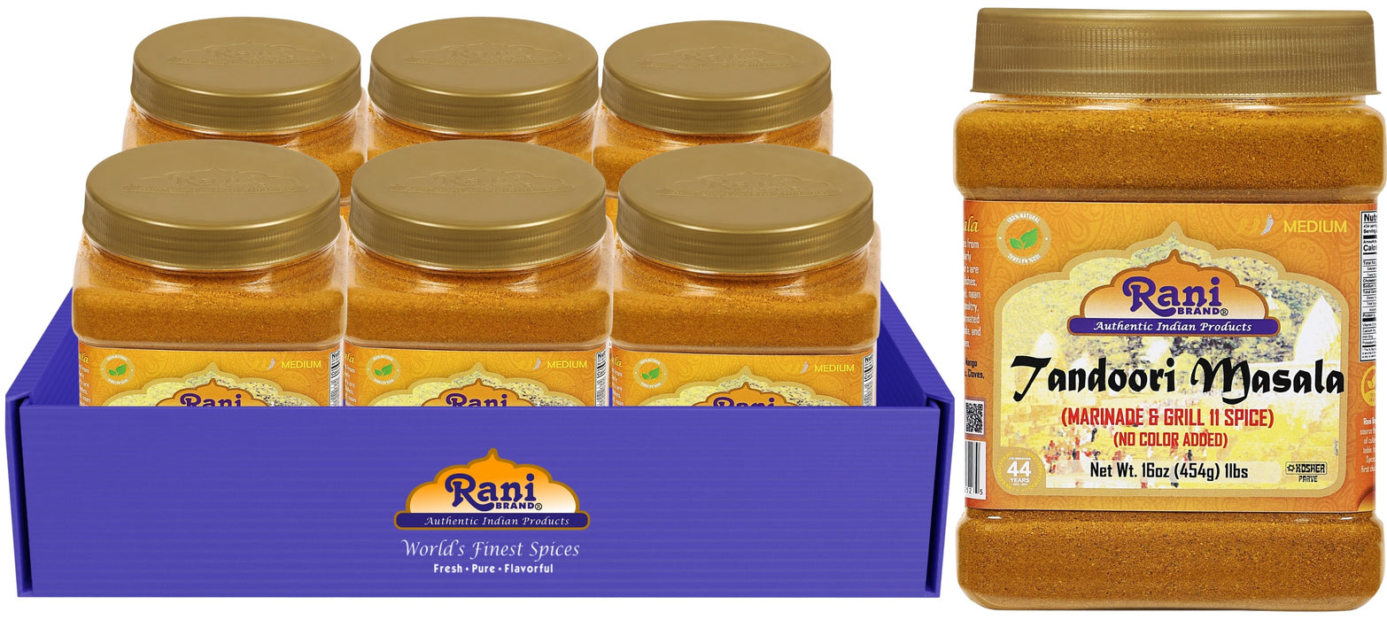 Rani Tandoori Masala (Natural, No Colors Added) Indian 11-Spice Blend 16oz (1lb) 454g PET Jar, Pack of 6 ~ Salt Free | Vegan | Gluten Friendly | NON-GMO | Indian Origin