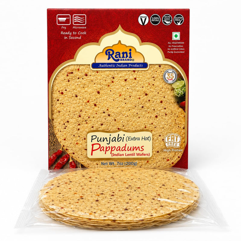 Rani Pappadums (Indian Lentil Wafer Snack) Punjabi Papad - Extra Hot, 7oz (200g) Approximately 15pc, 7 inches, Pack of 12 ~ All Natural | Gluten Friendly | NON-GMO | Vegan