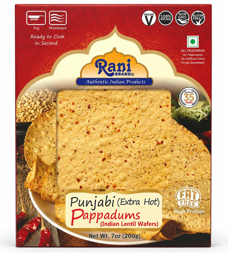 Rani Pappadums (Indian Lentil Wafer Snack) Punjabi Papad - Extra Hot, 7oz (200g) Approximately 15pc, 7 inches, Pack of 2 ~ All Natural | Gluten Friendly | NON-GMO | Vegan | Indian Origin