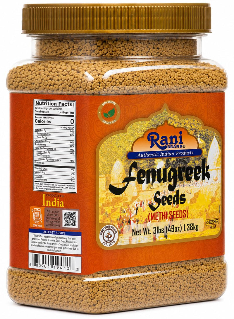 Rani Fenugreek (Methi) Seeds Whole 3lb (49oz) 1.38kg Bulk PET Jar, Trigonella foenum graecum ~ All Natural | Vegan | Gluten Friendly | Non-GMO | Kosher | Indian Origin, used in cooking & Ayurvedic