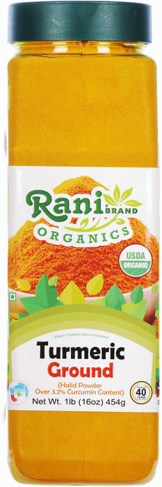 Rani Organic Turmeric (Haldi) Root Powder Spice, (High Curcumin Content) 16oz (1lb) 454g PET Jar ~ All Natural | Vegan | Gluten Friendly | NON-GMO | Kosher | Indian Origin | USDA Certified Organic