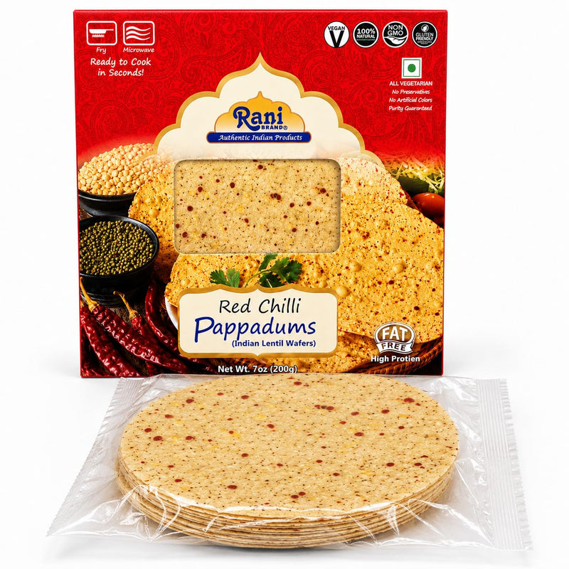Rani Pappadums (Indian Lentil Wafer Snack) Red Chilli Papad 7oz (200g) Approximately 15pc, 7 inches, Pack of 2 ~ All Natural | Gluten Friendly | NON-GMO | Vegan | Indian Origin