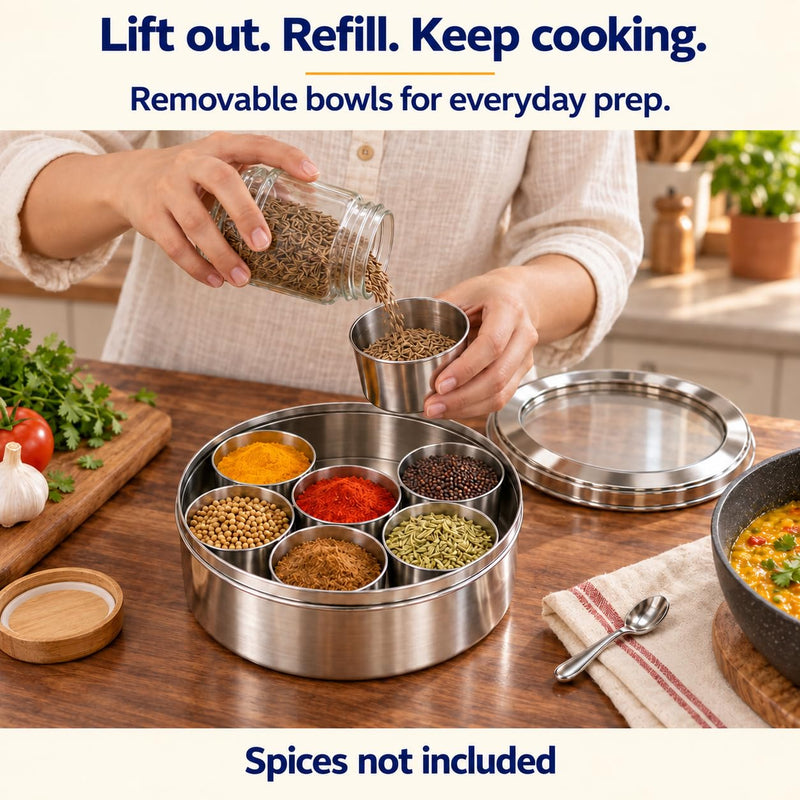 Rani Spice Box Stainless Steel Transparent Round Storage For Spices (Masala Dabba) 7 Compartments, with spoon (7.5in x 2.8in) ~ Packed in an attractive box, perfect for gifts!