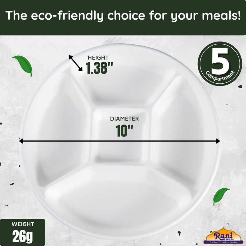 Rani 5 Compartment Round Biodegradable Divided Plates, Pack of 500 ~ Party, Thali, Buffet | Disposable & Eco-Friendly | Heavy-Duty Sturdy Paper Bagasse | Premium Quality | 10" Diameter, 1.38" Height