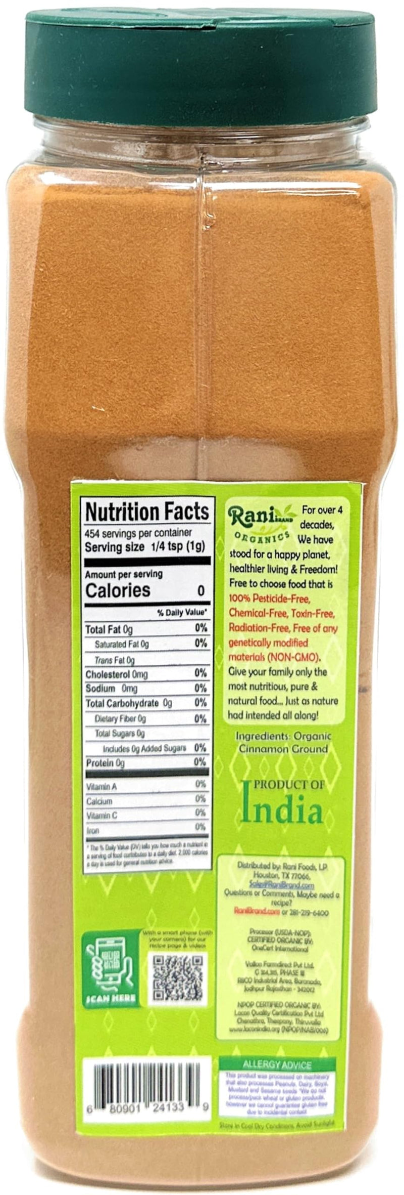 Rani Organic Cinnamon Powder (Ground) Spice 16oz (1lb) 454g PET Jar ~ All Natural | Salt-Free | Vegan | No Colors | Gluten Friendly | NON-GMO | Kosher | USDA Certified Organic