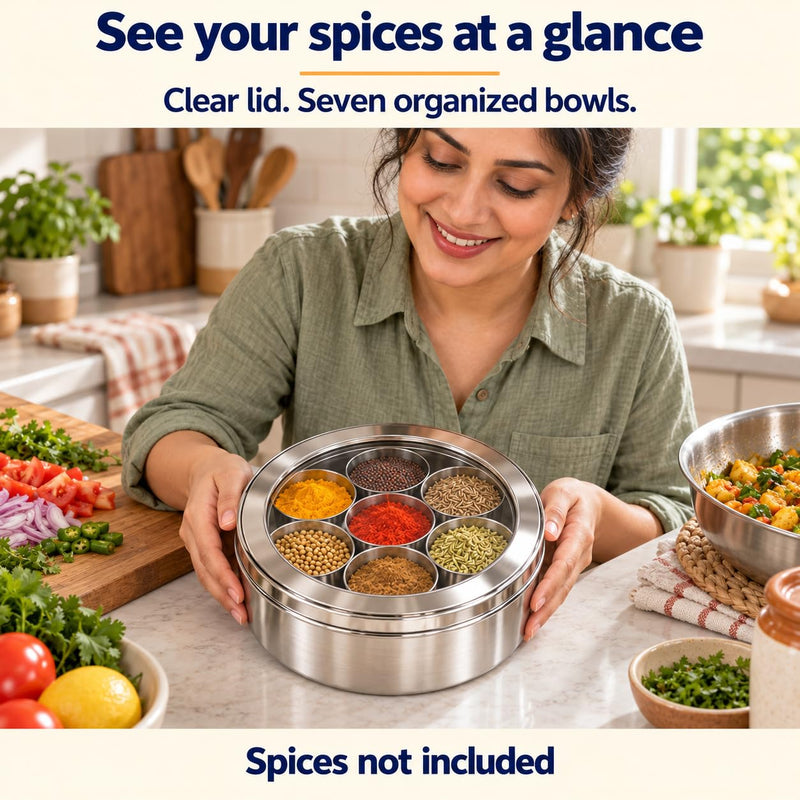 Rani Spice Box Stainless Steel Transparent Round Storage For Spices (Masala Dabba) 7 Compartments, with spoon (7.5in x 2.8in) ~ Packed in an attractive box, perfect for gifts!