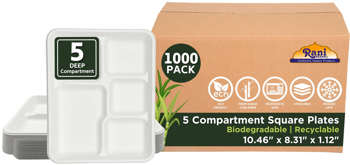 Rani 5 Deep Compartment Square Biodegradable Divided Plates Pack of 1000 ~ Party, Thali, Buffet | Disposable & Eco-Friendly | Heavy-Duty Sturdy Paper Bagasse | Premium Quality | 10.46" x 8.31" x 1.12"