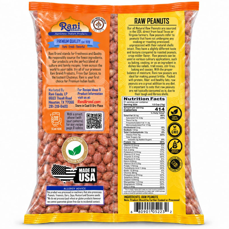 Rani Peanuts, Raw Whole With Skin (uncooked, unsalted) 80oz (5lbs) 2.27kg Bulk ~ All Natural | Vegan | Kosher | Gluten Friendly | Fresh Product of USA