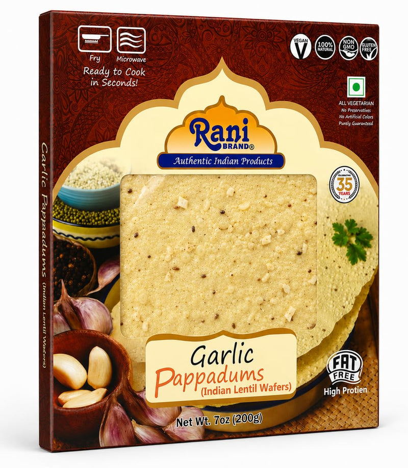 Rani Pappadums (Indian Lentil Wafer Snack) Garlic Papad 7oz (200g) Approximately 15pc, 7 inches, Pack of 2 ~ All Natural | Gluten Friendly | NON-GMO