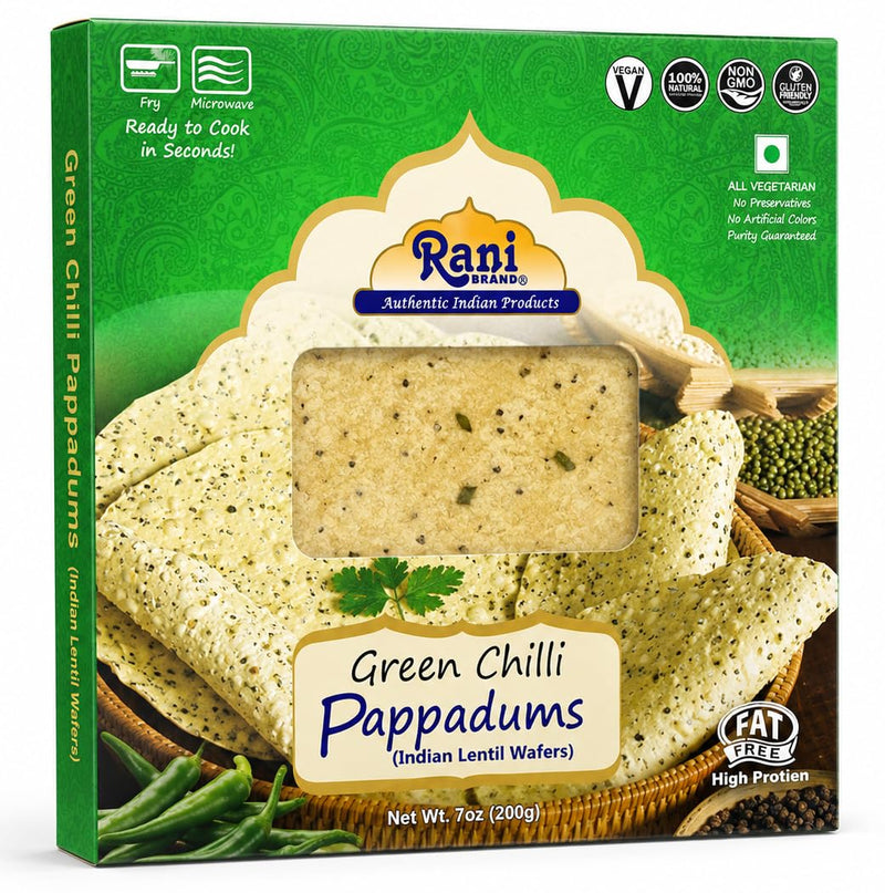 Rani Pappadums (Indian Lentil Wafer Snack) Green Chilli Papad 7oz (200g) Approximately 15pc, 7 inches, Pack of 2 ~ All Natural | Gluten Friendly | NON-GMO | Vegan | Indian Origin