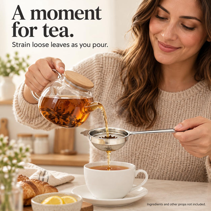 Rani Tea Strainers (3in) Stainless Steel Fine Mesh Tea Strainer, 2-Pack, Reusable Strainers for Loose Leaf Tea, Juice & Baking, with Support Tab & Hanging Hole