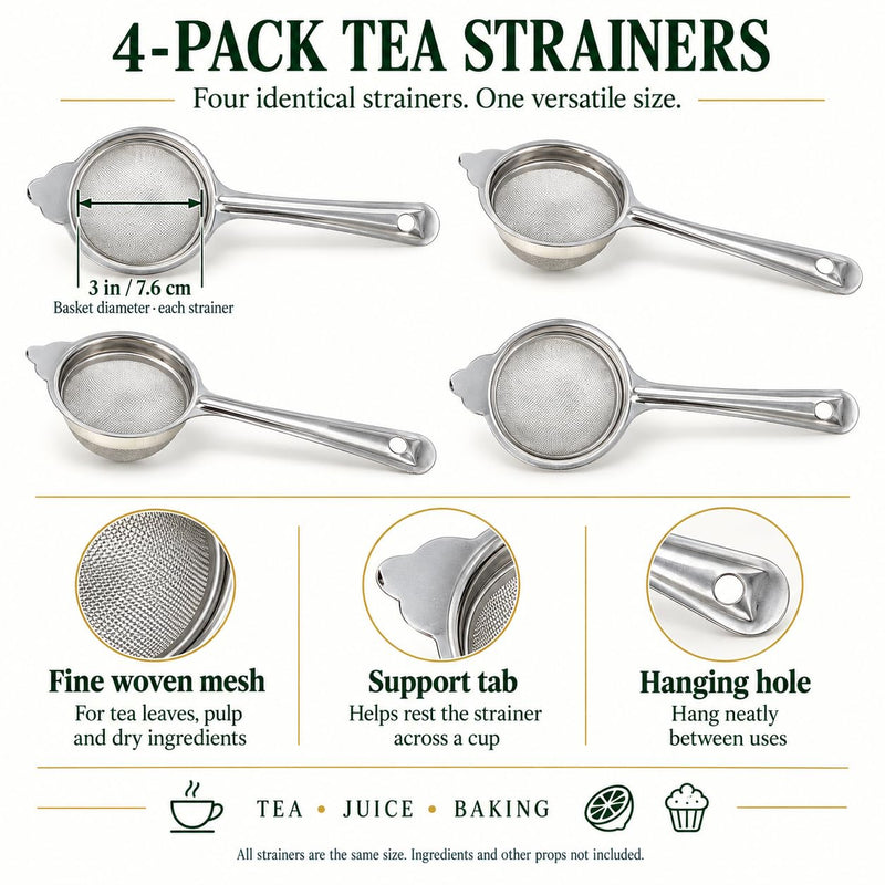 Rani Tea Strainers (3in) Stainless Steel Fine Mesh Tea Strainer, 4-Pack, Reusable Strainers for Loose Leaf Tea, Juice & Baking, with Support Tab & Hanging Hole