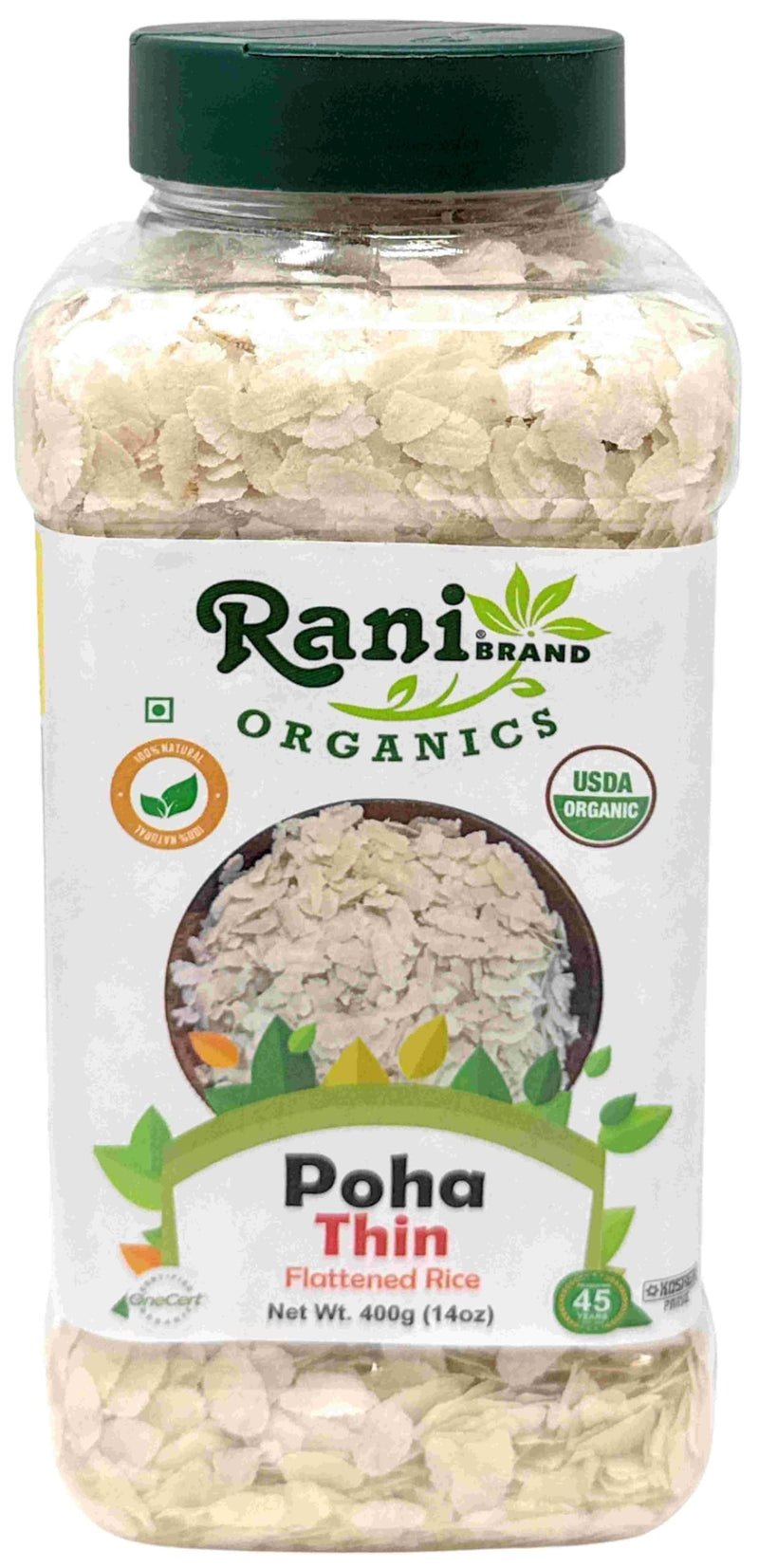 Rani Organic Poha (Powa) Thin Cut (Flattened Rice) 14oz (400g) PET Jar ~ All Natural, Salt-Free | Vegan | Kosher | No Colors | Gluten Friendly | Indian Origin | USDA Certified Organic