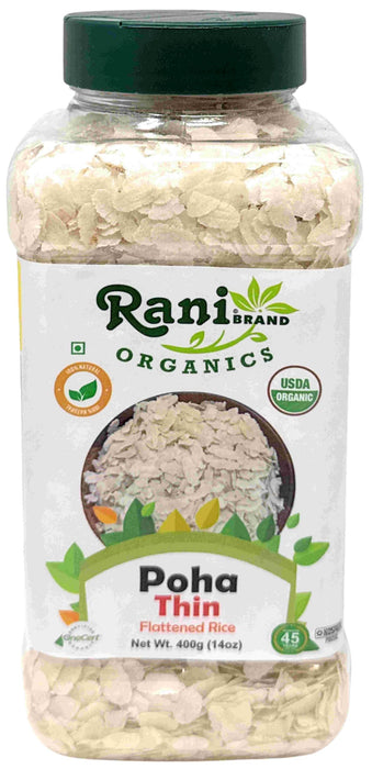 Rani Organic Poha (Powa) Thin Cut (Flattened Rice) 14oz (400g) PET Jar ~ All Natural, Salt-Free | Vegan | Kosher | No Colors | Gluten Friendly | Indian Origin | USDA Certified Organic