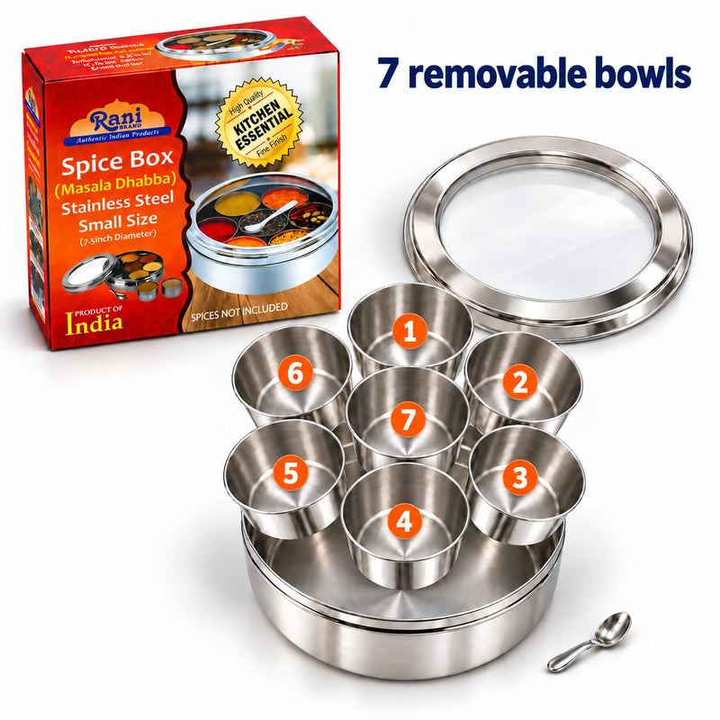 Rani Spice Box Stainless Steel Transparent Round Storage For Spices (Masala Dabba) 7 Compartments, with spoon (7.5in x 2.8in) ~ Packed in an attractive box, perfect for gifts!