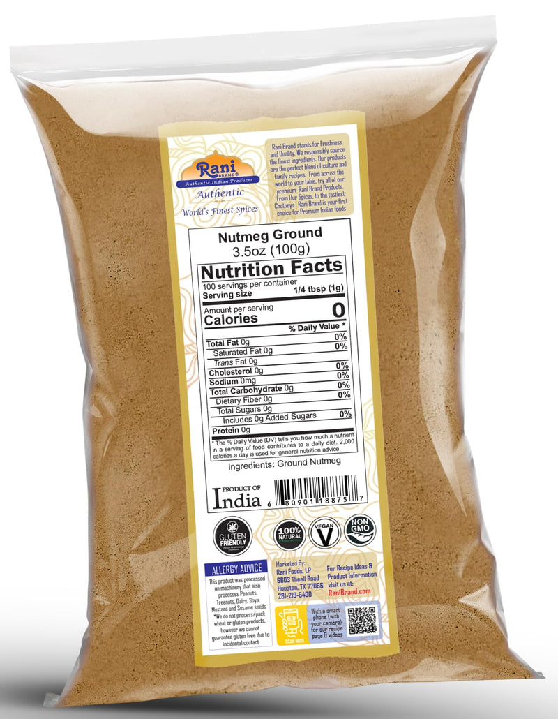 Rani Nutmeg (Jaiphul) Ground Powder Spice 3.5oz (100g) ~ Perfect for Baking, Cooking, Smothies, Lattes & Dessert, All Natural | Vegan | Gluten Friendly | NON-GMO | Kosher | Indian Origin