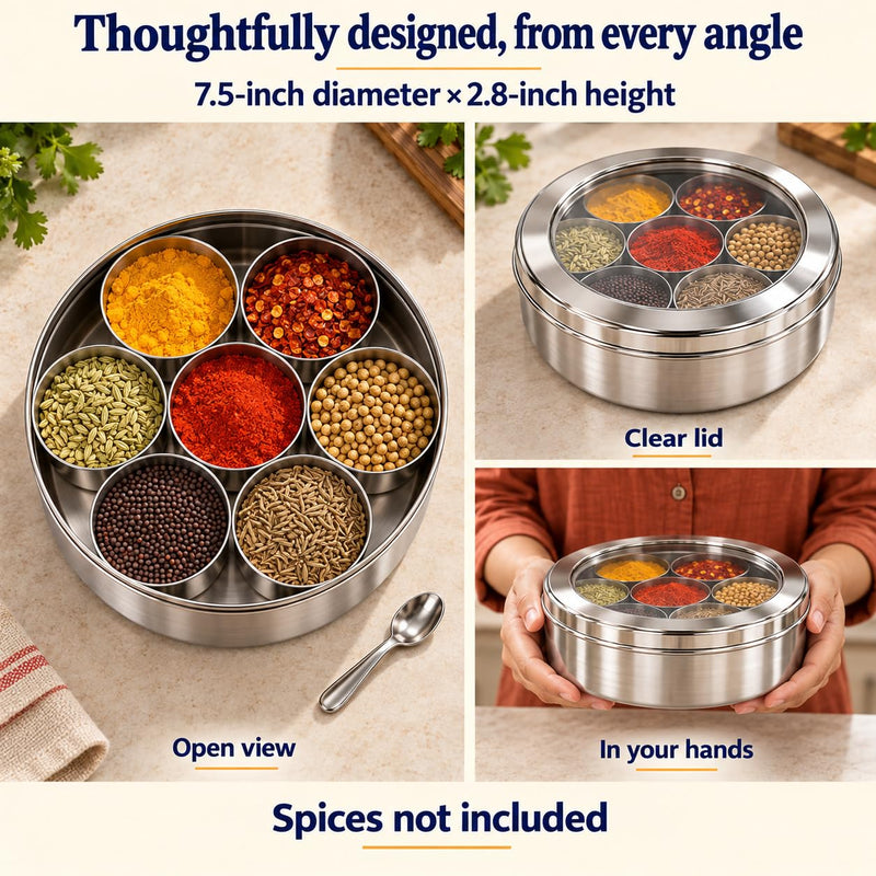 Rani Spice Box Stainless Steel Transparent Round Storage For Spices (Masala Dabba) 7 Compartments, with spoon (7.5in x 2.8in) ~ Packed in an attractive box, perfect for gifts!