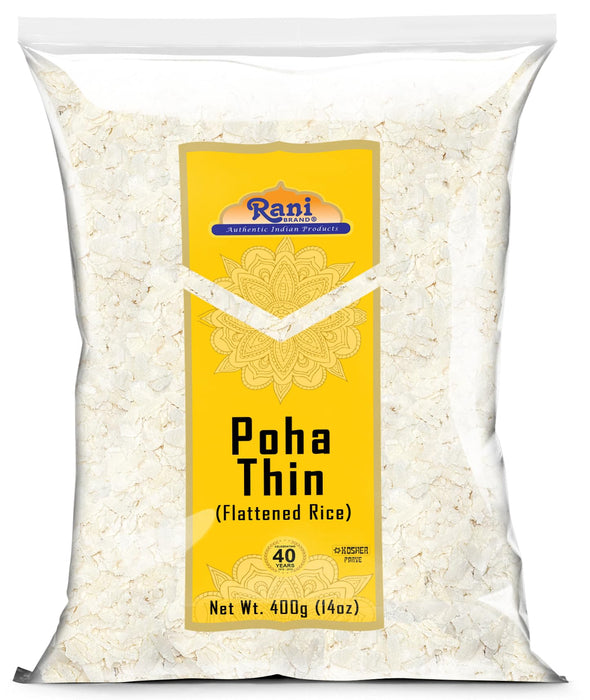 Rani Poha (Powa) Thin Cut (Flattened Rice) 14oz (400g) ~ All Natural, Salt-Free | Vegan | No Colors | Gluten Friendly | Indian Origin