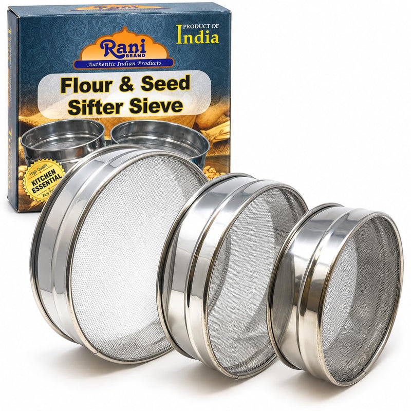 Stainless Steel Sieve ~ Set of 3 ~ for Flours, Seeds, Beans & Lentils - Sizes 6.7", 7.5", 8.25" by Rani Brand