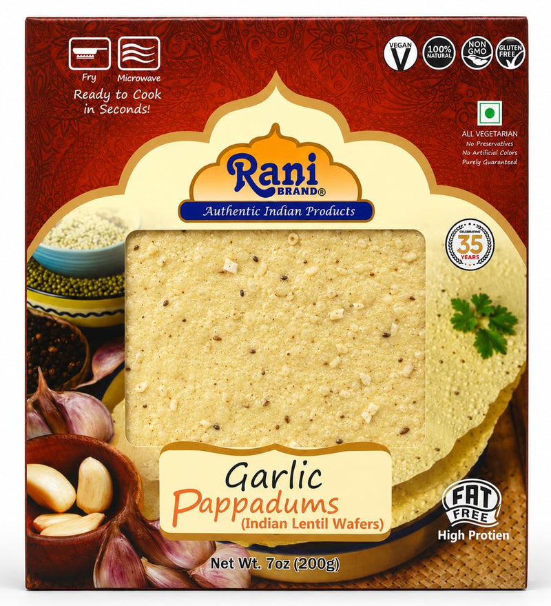 Rani Pappadums (Indian Lentil Wafer Snack) Garlic Papad 7oz (200g) Approximately 15pc, 7 inches, Pack of 12 ~ All Natural | Gluten Friendly | NON-GMO