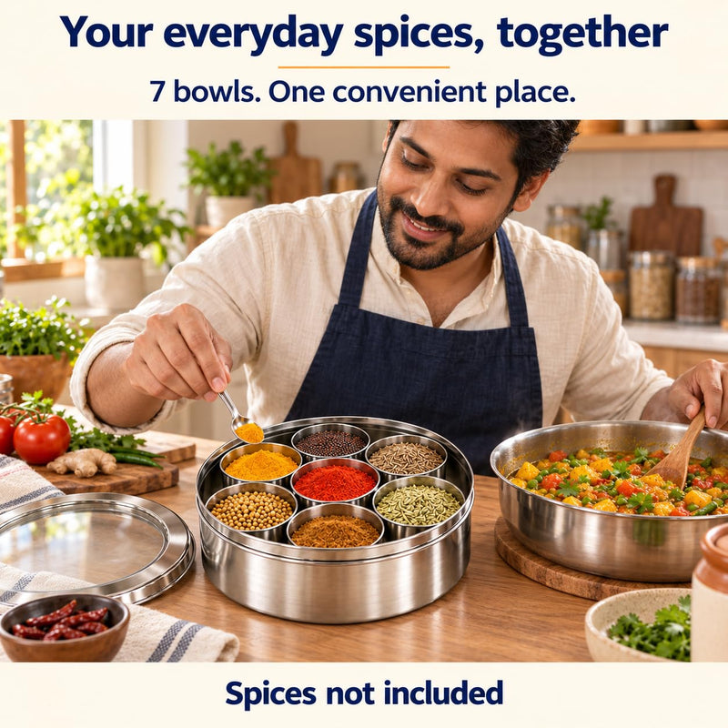 Rani Spice Box Stainless Steel Transparent Round Storage (9.2in x 3in) For Spices (Masala Dabba) 7 Compartments, with spoon ~ Packed in an attractive box, perfect for gifts!