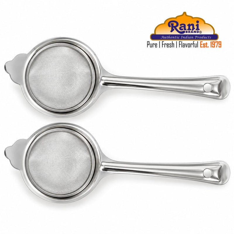 Rani Tea Strainers (3in) Stainless Steel Fine Mesh Tea Strainer, 2-Pack, Reusable Strainers for Loose Leaf Tea, Juice & Baking, with Support Tab & Hanging Hole