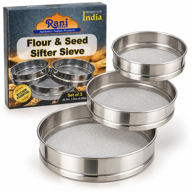 Stainless Steel Sieve ~ Set of 3 ~ for Flours, Seeds, Beans & Lentils - Sizes 6.7", 7.5", 8.25" by Rani Brand