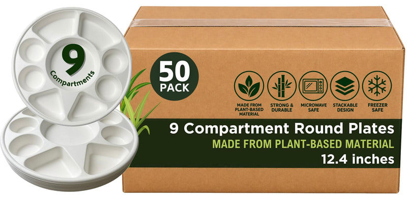 Rani Round Biodegradable Divided Plates, Pack of 50, 9 Compartments ~ Disposable & Eco-Friendly | 12.44" Diameter, 1.38" Thickness | Heavy-Duty and Sturdy Disposable Bagasse Plates | Premium Quality