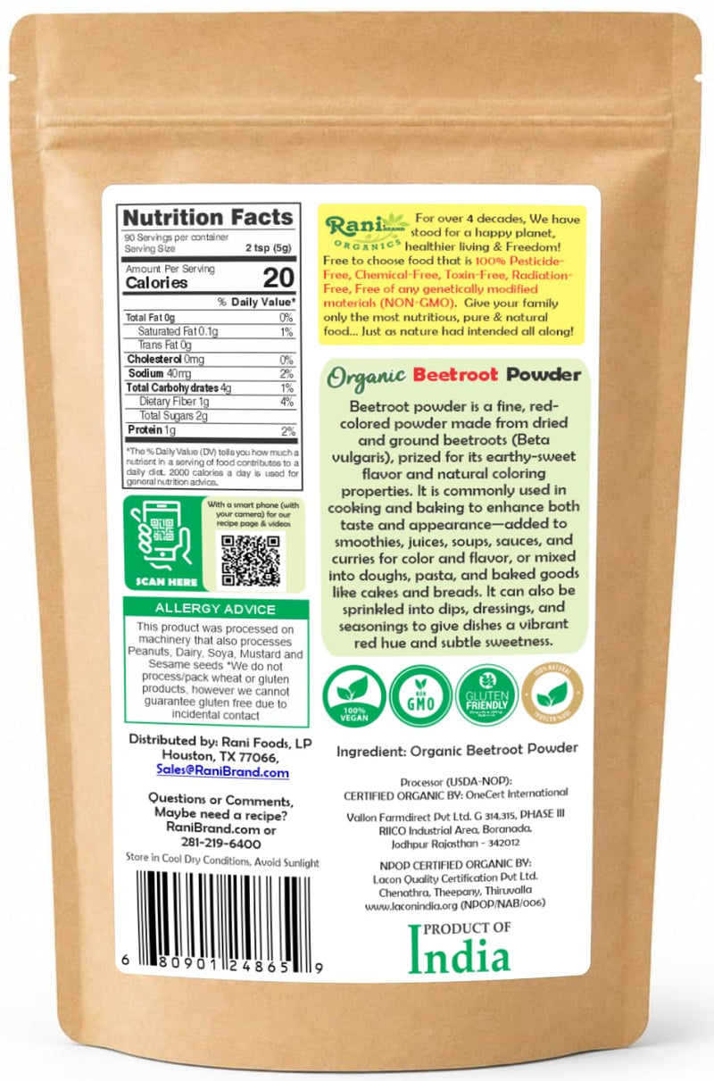 Rani Organic Beetroot Powder (Beta Vulgaris) 16oz (1lb) 454g ~ All Natural | Vegan | Gluten Friendly | NON-GMO | Indian Origin | USDA Certified Organic