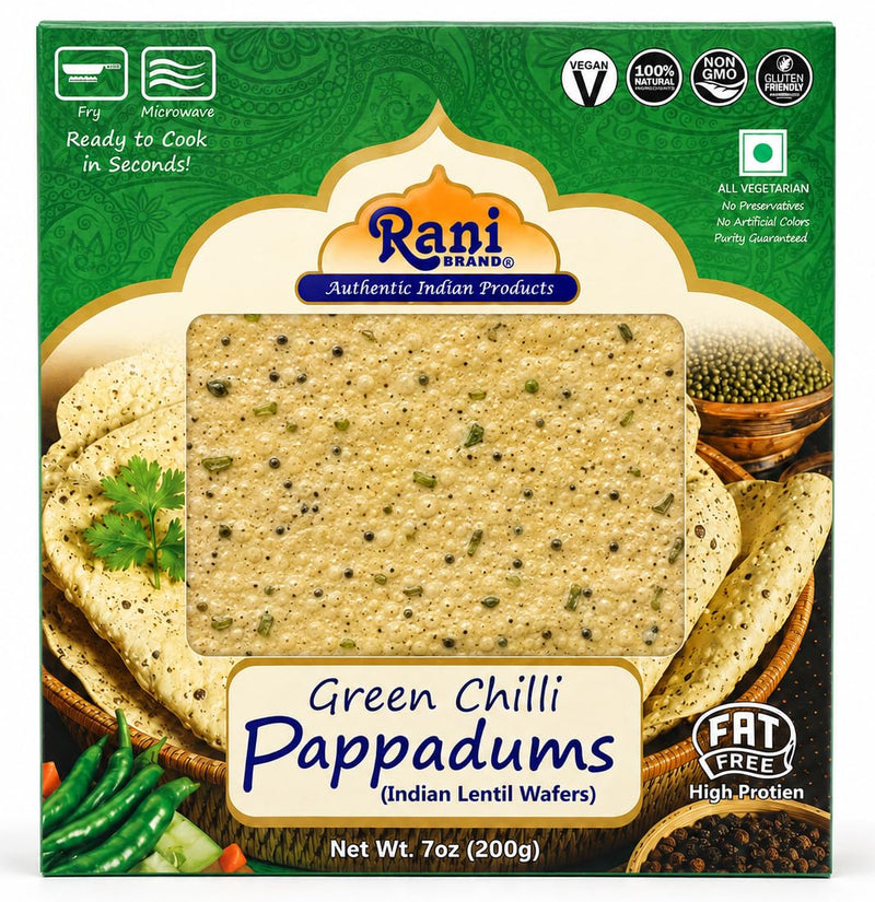 Rani Pappadums (Indian Lentil Wafer Snack) Green Chilli Papad 7oz (200g) Approximately 15pc, 7 inches, Pack of 12 ~ All Natural | Gluten Friendly | NON-GMO | Vegan | Indian Origin