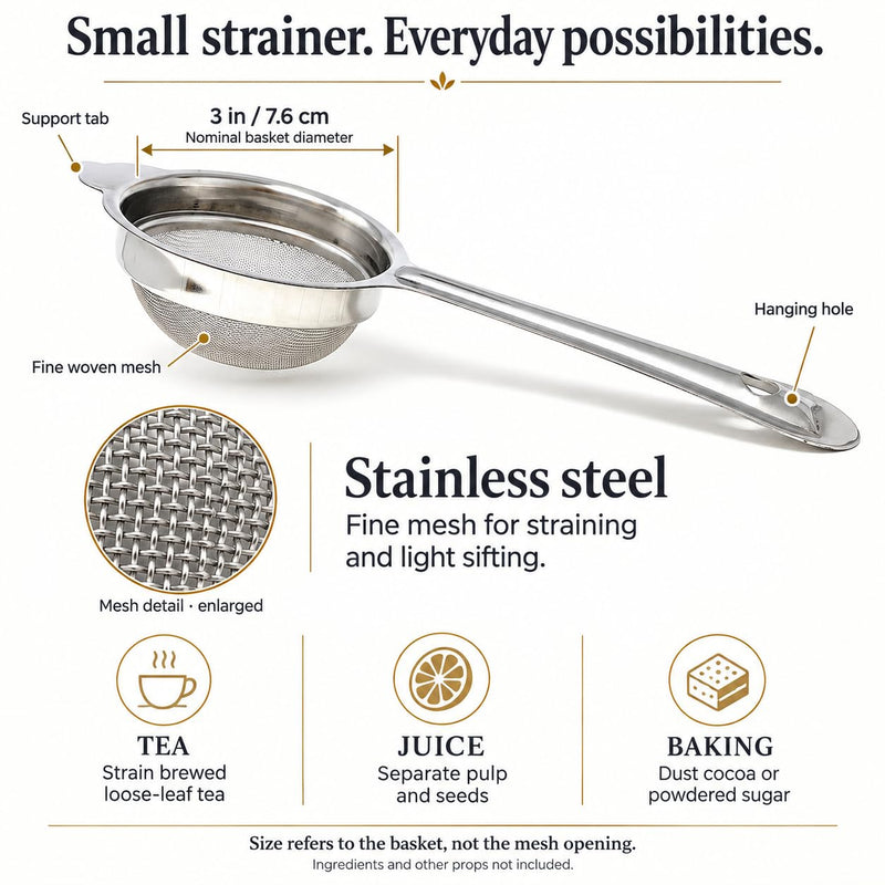 Stainless Steel Strainer Rinse Drain Sift Sieve Kitchenware Perfect for Tea, Lentile Soup and Juice ~ 3", By Rani Brand