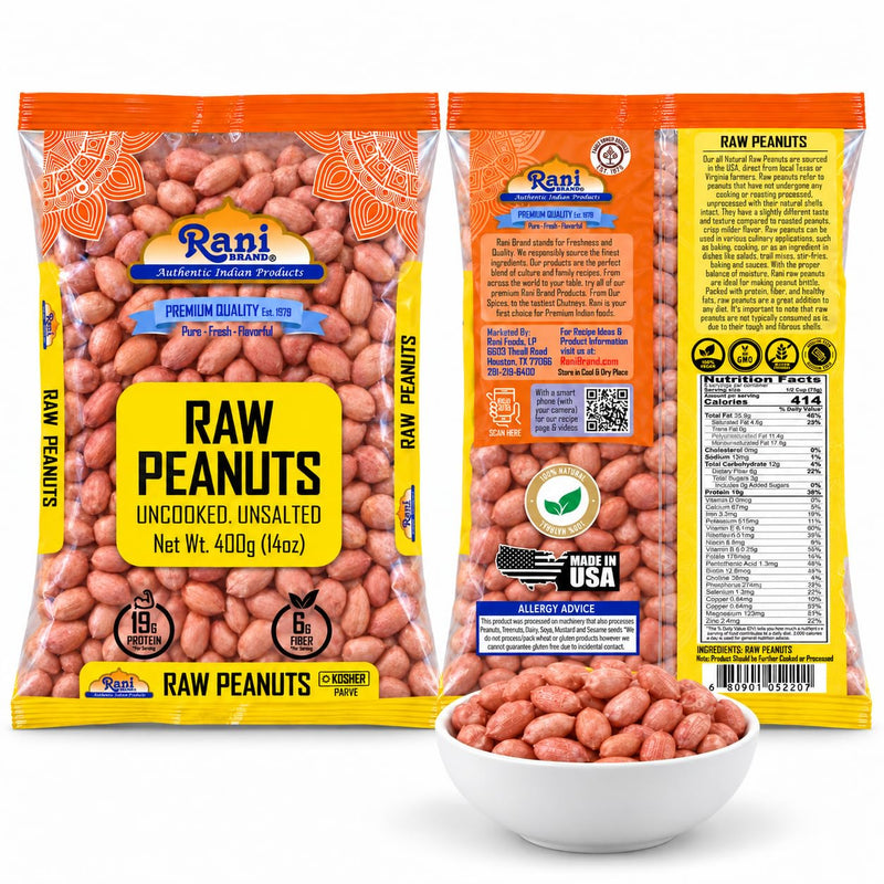 Rani Peanuts, Raw Whole With Skin (uncooked, unsalted) 14oz (400g) ~ All Natural | Vegan | Gluten Friendly | Kosher | Fresh Product of USA ~ Spanish Grade Groundnut / Red-skin
