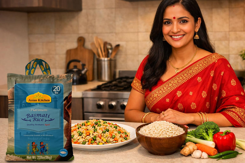 Asian Kitchen Platinum White Basmati Rice Extra Long Aged 20lbs (9.08kg) ~ All Natural | Gluten Friendly | Vegan | Indian Origin | Export Quality