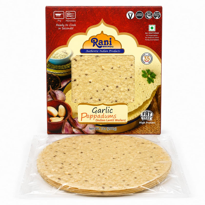 Rani Pappadums (Indian Lentil Wafer Snack) Garlic Papad 7oz (200g) Approximately 15pc, 7 inches, Pack of 2 ~ All Natural | Gluten Friendly | NON-GMO