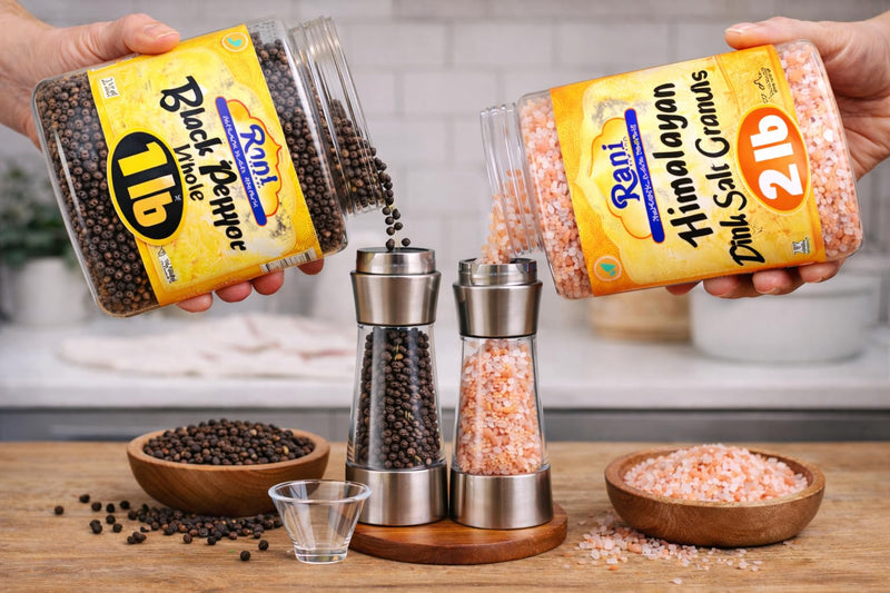 Rani Black Pepper Whole 16oz (1lb) 454g PET Jar & Himalayan Pink Salt Granules 32oz (2lbs) 908g PET Jar, Combo Pack, Perfect size for Grinders! ~ All Natural | Gluten Friendly | Non-GMO | Kosher