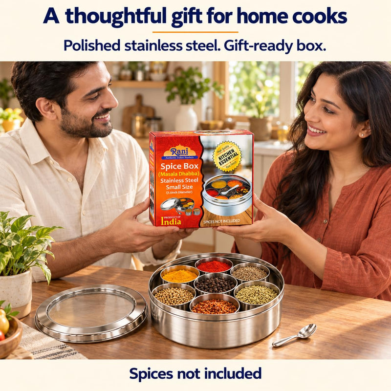 Rani Spice Box Stainless Steel Transparent Round Storage For Spices (Masala Dabba) 7 Compartments, with spoon (7.5in x 2.8in) ~ Packed in an attractive box, perfect for gifts!