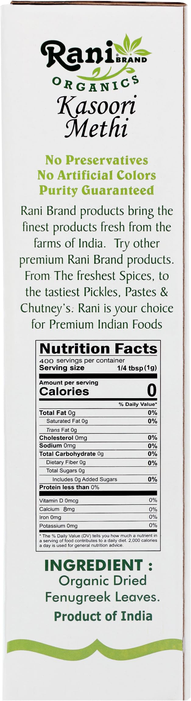 Rani Organic Fenugreek Leaves Dried (Kasoori Methi) 14oz (400g) ~ All Natural | Vegan | Gluten Friendly | NON-GMO | Indian Origin | USDA Certified Organic