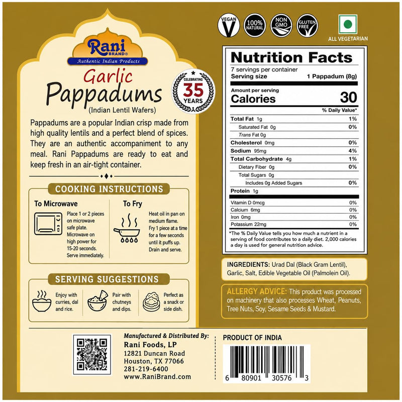 Rani Pappadums (Indian Lentil Wafer Snack) Garlic Papad 7oz (200g) Approximately 15pc, 7 inches, Pack of 2 ~ All Natural | Gluten Friendly | NON-GMO