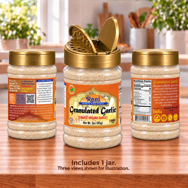 Rani Granulated Garlic (Coarse Ground Garlic) 3oz (85g) PET Jar ~ All Natural | Gluten Friendly | Vegan | NON-GMO | Kosher | No Salt or fillers | Product of USA