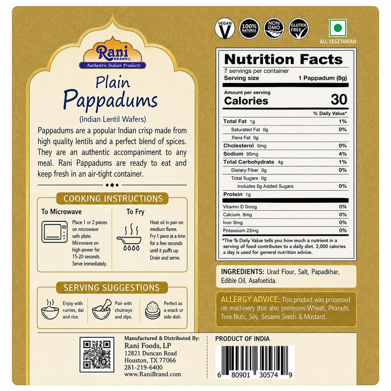 Rani Pappadums (Indian Lentil Wafer Snack) Plain Papad 7oz (200g) Approximately 15pc, 7 inches, Pack of 2 ~ All Natural | Gluten Friendly | NON-GMO