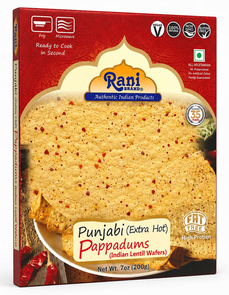 Rani Pappadums (Indian Lentil Wafer Snack) Punjabi Papad - Extra Hot, 7oz (200g) Approximately 15pc, 7 inches, Pack of 2 ~ All Natural | Gluten Friendly | NON-GMO | Vegan | Indian Origin
