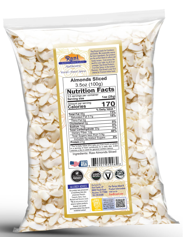 Rani Sliced Almonds (uncooked, unsalted) 3.5oz (100g) ~ All Natural | Vegan | Gluten Friendly | Kosher | Fresh Product of USA ~ California Shelled Almonds