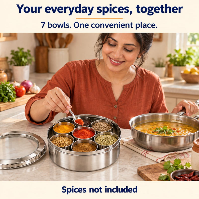 Rani Spice Box Stainless Steel Transparent Round Storage For Spices (Masala Dabba) 7 Compartments, with spoon (7.5in x 2.8in) ~ Packed in an attractive box, perfect for gifts!