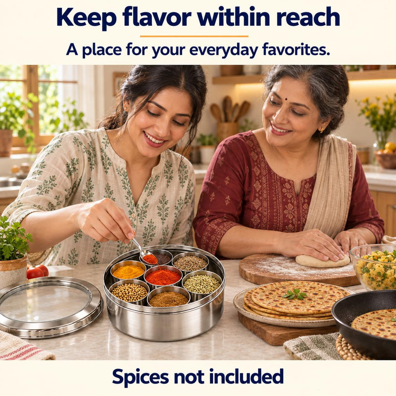 Rani Spice Box Stainless Steel Transparent Round Storage For Spices (Masala Dabba) 7 Compartments, with spoon (7.5in x 2.8in) ~ Packed in an attractive box, perfect for gifts!