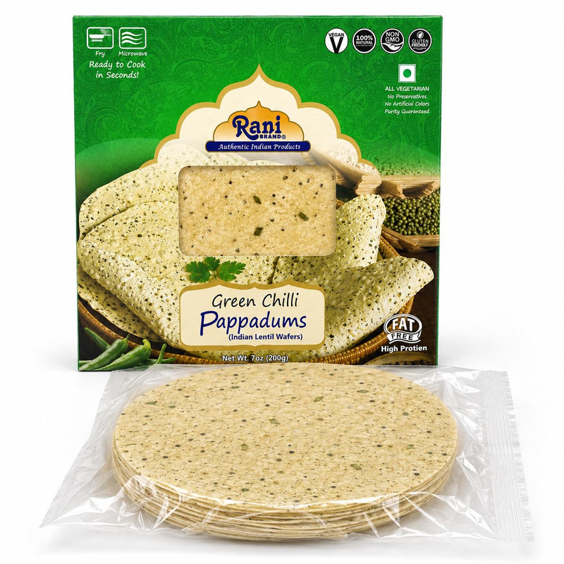 Rani Pappadums (Indian Lentil Wafer Snack) Green Chilli Papad 7oz (200g) Approximately 15pc, 7 inches, Pack of 12 ~ All Natural | Gluten Friendly | NON-GMO | Vegan | Indian Origin