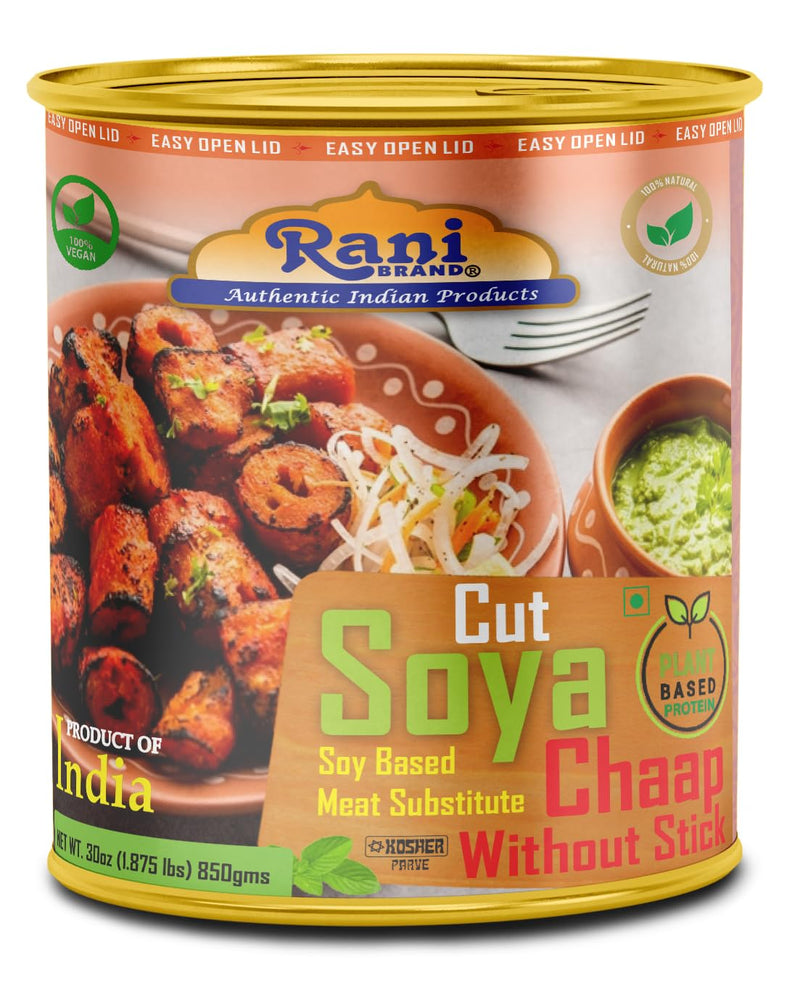 Rani Cut Soya Chaap Whitout Stick (Plant Based Protein) 30oz (1.875lbs) 850g Pack of 18 ~ Easy Open Lid | All Natural | Vegan | No Colors | NON-GMO | Kosher | Indian Origin | Soy Based Meat Substitute