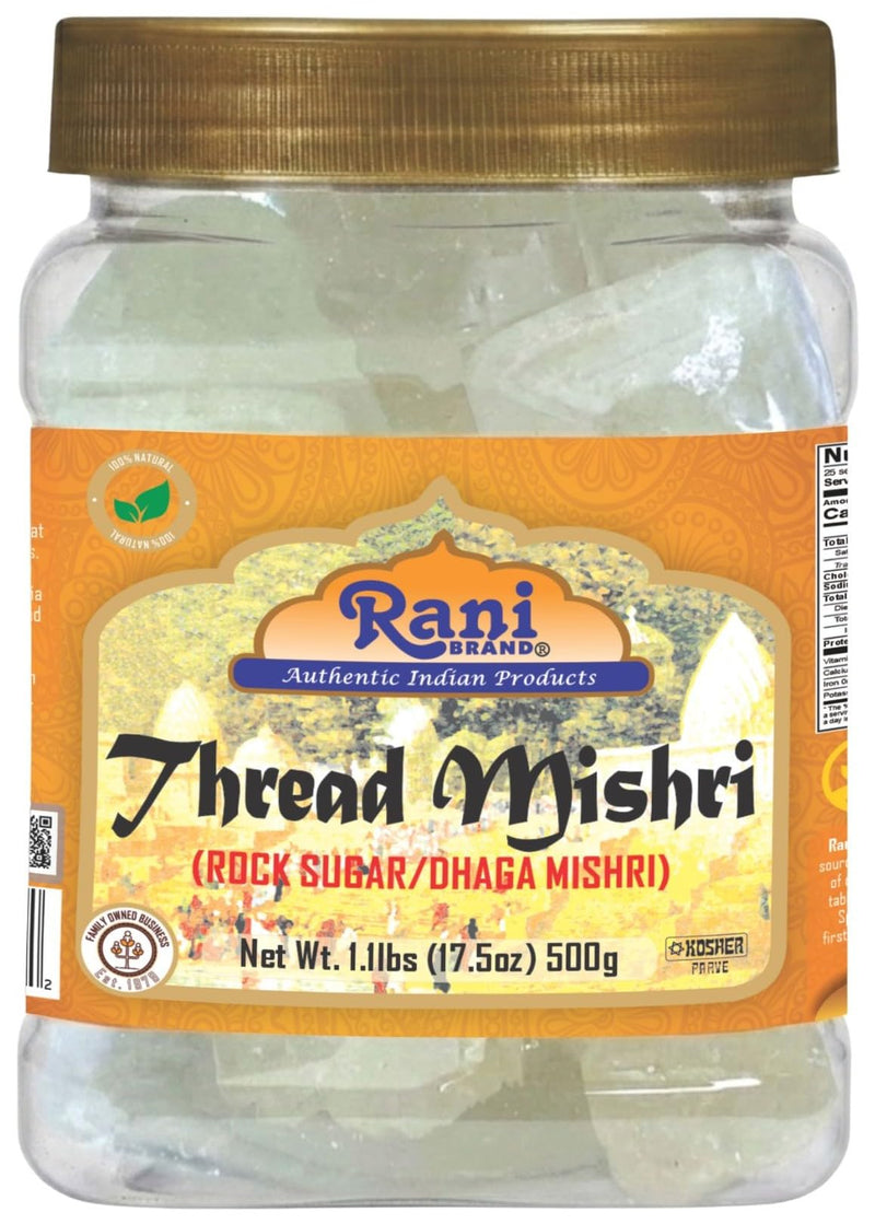 Thread Misri (Rock Sugar/Dhaga Mishri) - 17.5oz (1.1lbs) 500g PET Jar - Rani Brand Authentic Indian Products